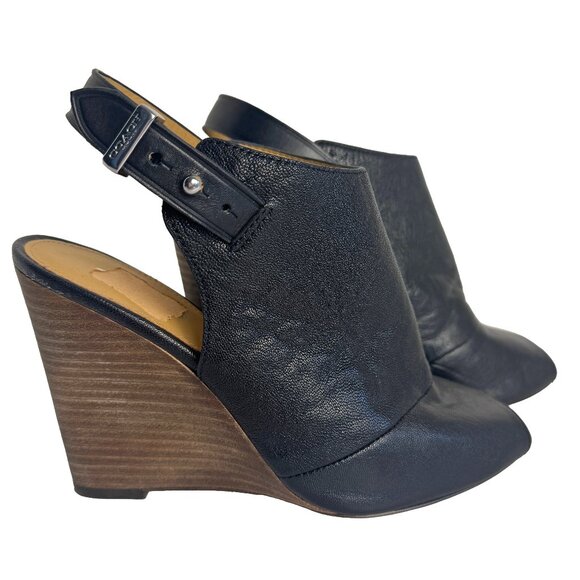 COACH Lindsay Safari Black Calf Leather Wedge Peep Toe Sandal Size 7 - Picture 2 of 12